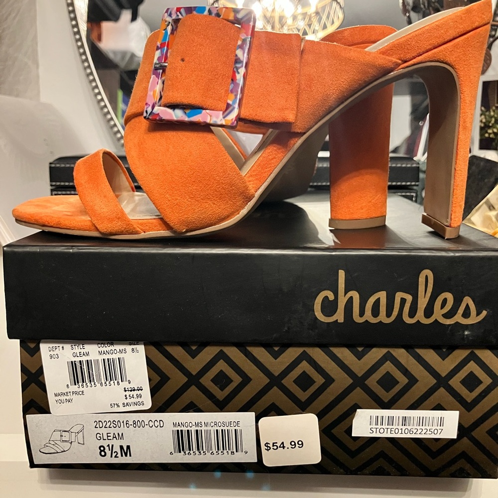 Charles David Vibrant Orange Heels with Artistic Buckle